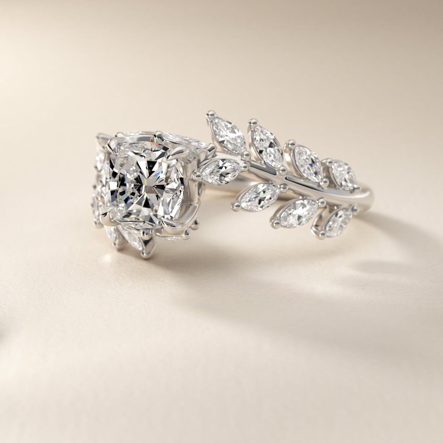 Diamond Vine Side Stone Engagement Ring In 18K White Gold By James Allen - Cushion Center