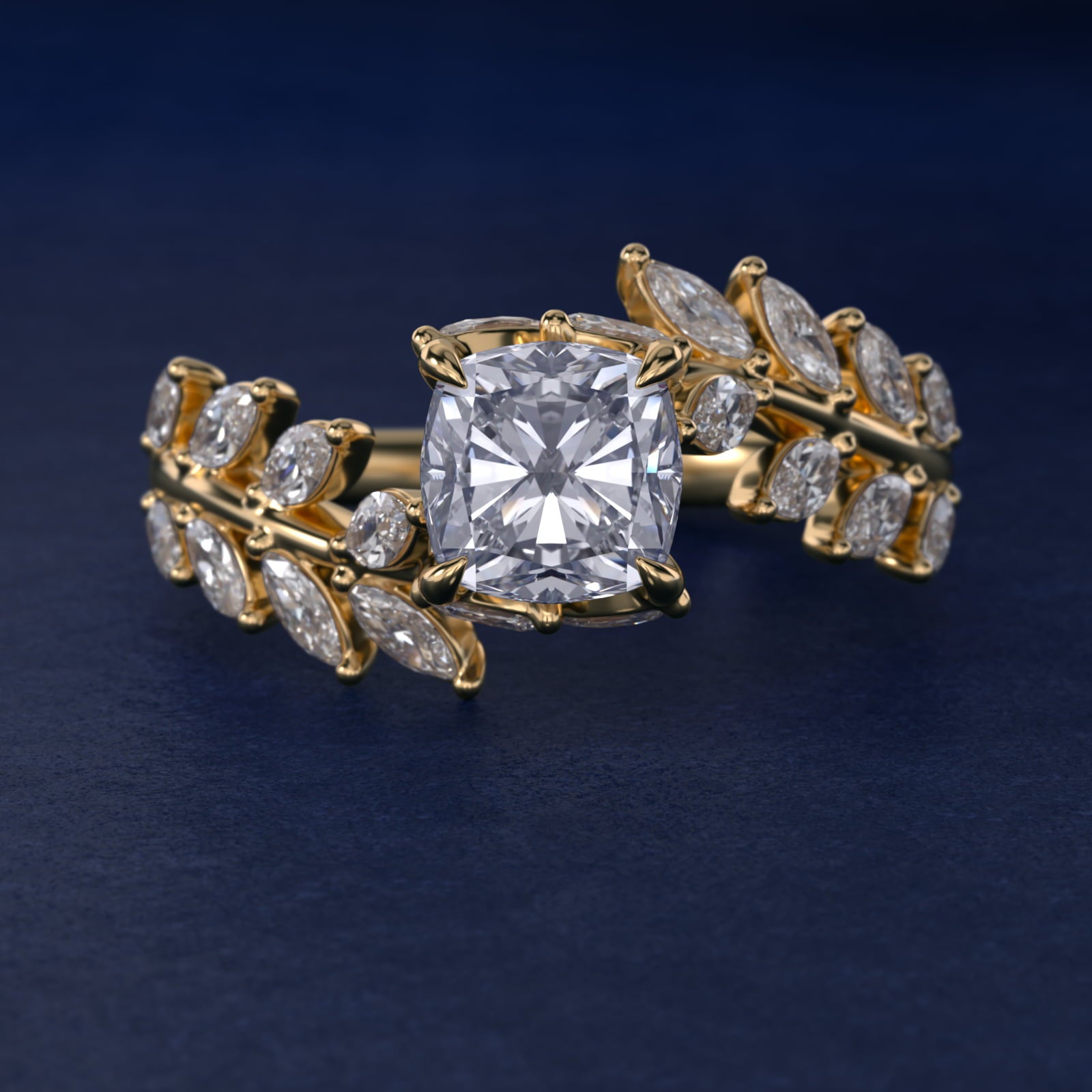 Diamond Vine Side Stone Engagement Ring In 18K Yellow Gold By James Allen - Cushion Center