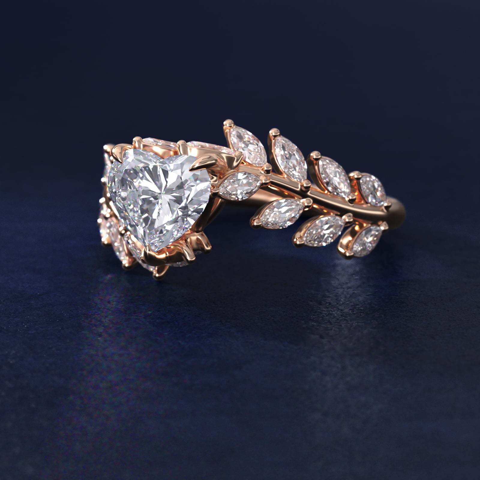 Diamond Vine Side Stone Engagement Ring In 14K Rose Gold By James Allen - Heart Center