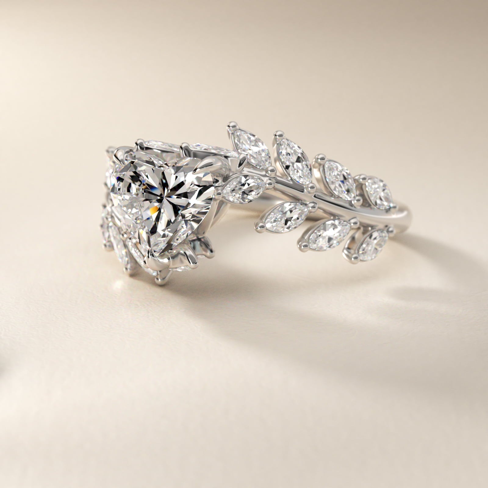 Diamond Vine Side Stone Engagement Ring In 18K White Gold By James Allen - Heart Center