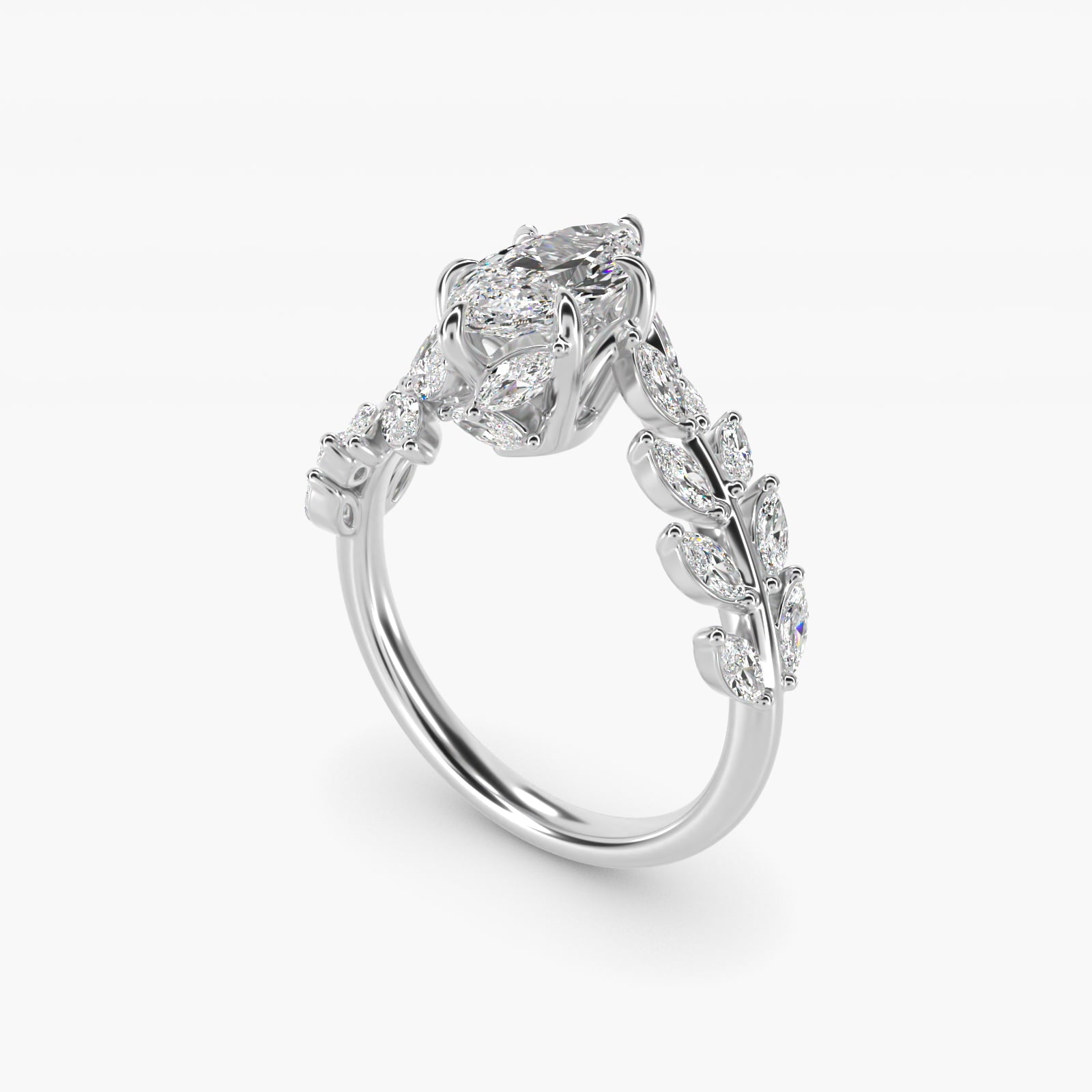 Diamond Vine Side Stone Engagement Ring In 18K White Gold By James Allen - Marquise Center