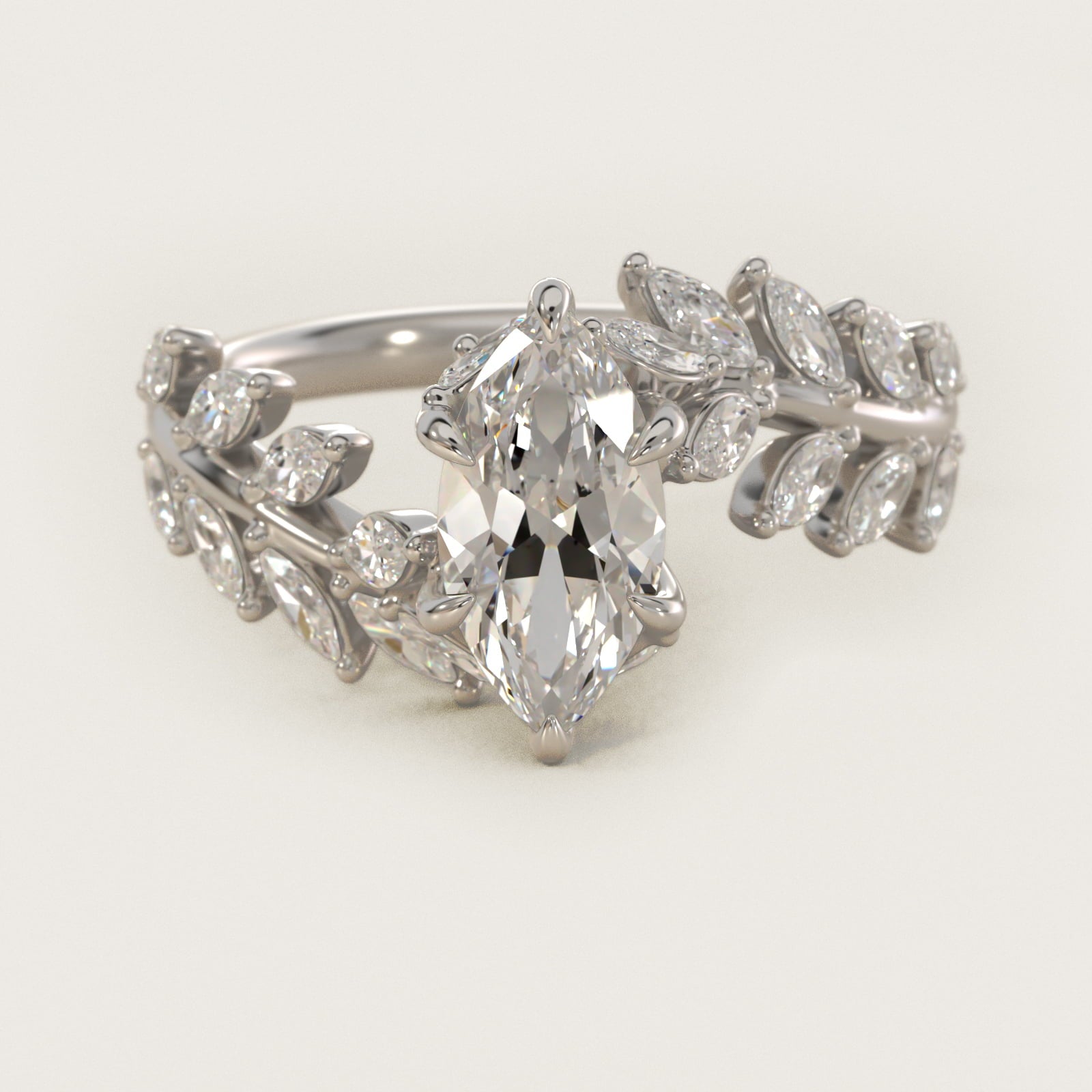 Diamond Vine Side Stone Engagement Ring In 18K White Gold By James Allen - Marquise Center