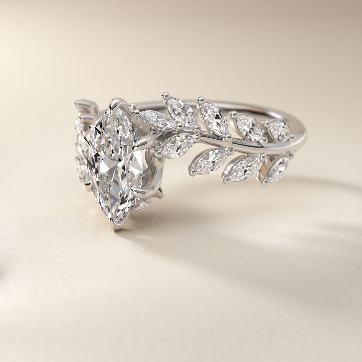 Diamond Vine Side Stone Engagement Ring In 18K White Gold By James Allen - Marquise Center