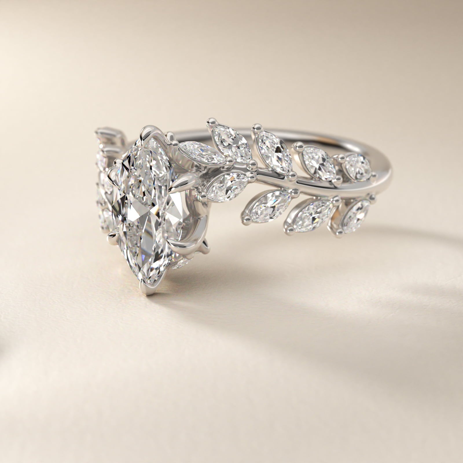 Diamond Vine Side Stone Engagement Ring In 18K White Gold By James Allen - Marquise Center