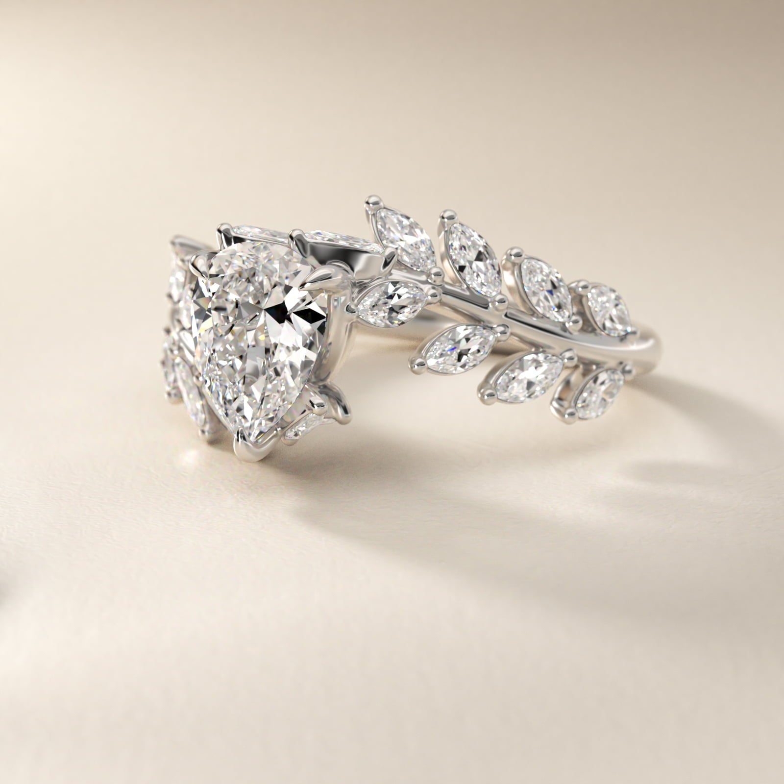 Diamond Vine Side Stone Engagement Ring In 18K White Gold By James Allen - Pear Center