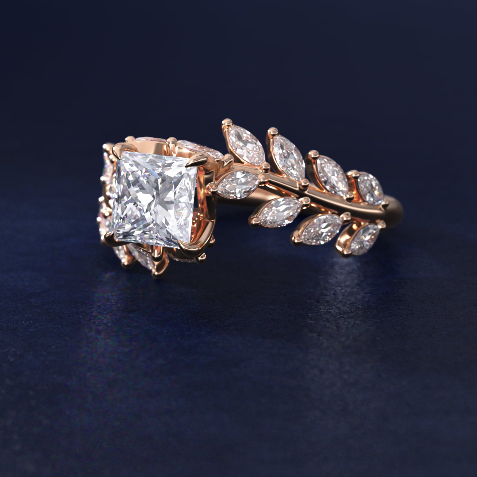 Diamond Vine Side Stone Engagement Ring In 14K Rose Gold By James Allen - Princess Center