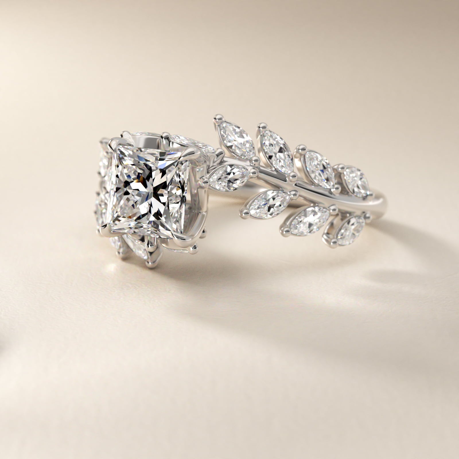 Diamond Vine Side Stone Engagement Ring In 18K White Gold By James Allen - Princess Center