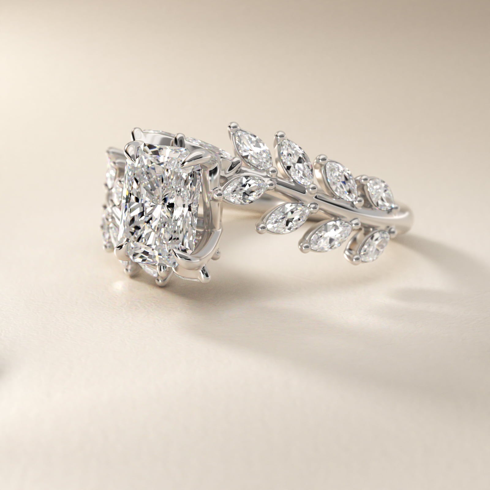 Diamond Vine Side Stone Engagement Ring In 18K White Gold By James Allen - Radiant Center