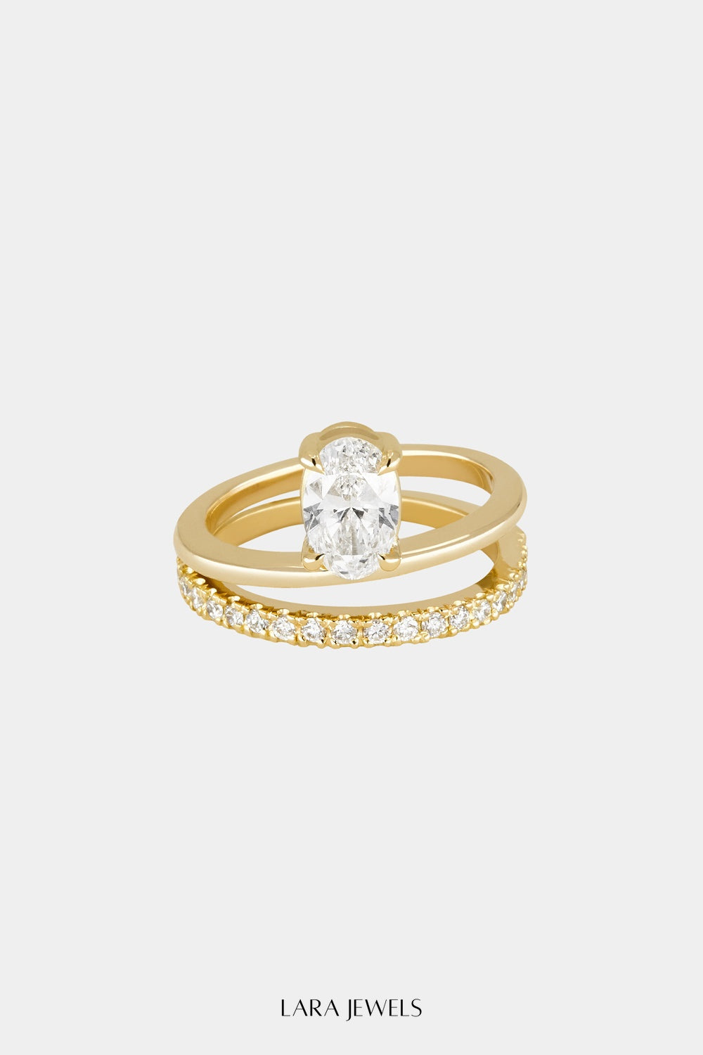 Double Band Oval Diamond Ring 18K Gold - Front view
