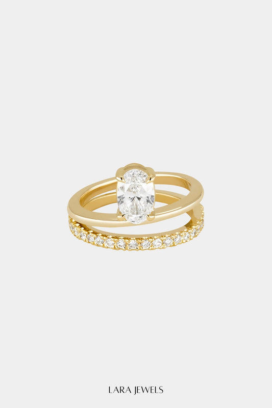 Double Band Oval Diamond Ring 18K Gold - Front view