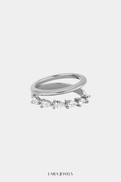 Double Band Pear Diamond Ring 18K White Gold - Front view