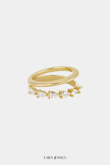 Double Band Pear Diamond Ring 18K Yellow Gold - Front view