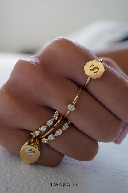 Double Band Pear Diamond Ring 18K Yellow Gold - Side view