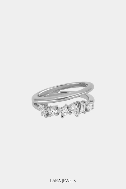 Double Band Scattered Diamond Ring 18K White Gold, (More Options Available) - Side view