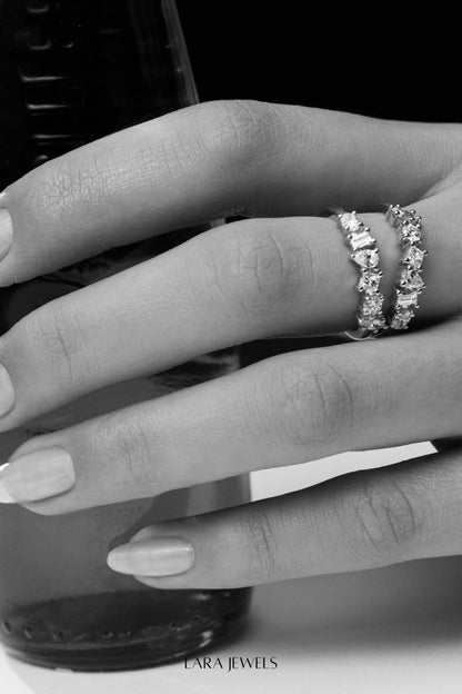 Double Band Scattered Diamond Ring 18K White Gold, (More Options Available) - Lifestyle