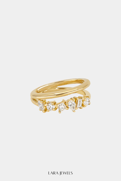 Double Band Scattered Diamond Ring 18K Yellow Gold, (More Options Available) - Detail
