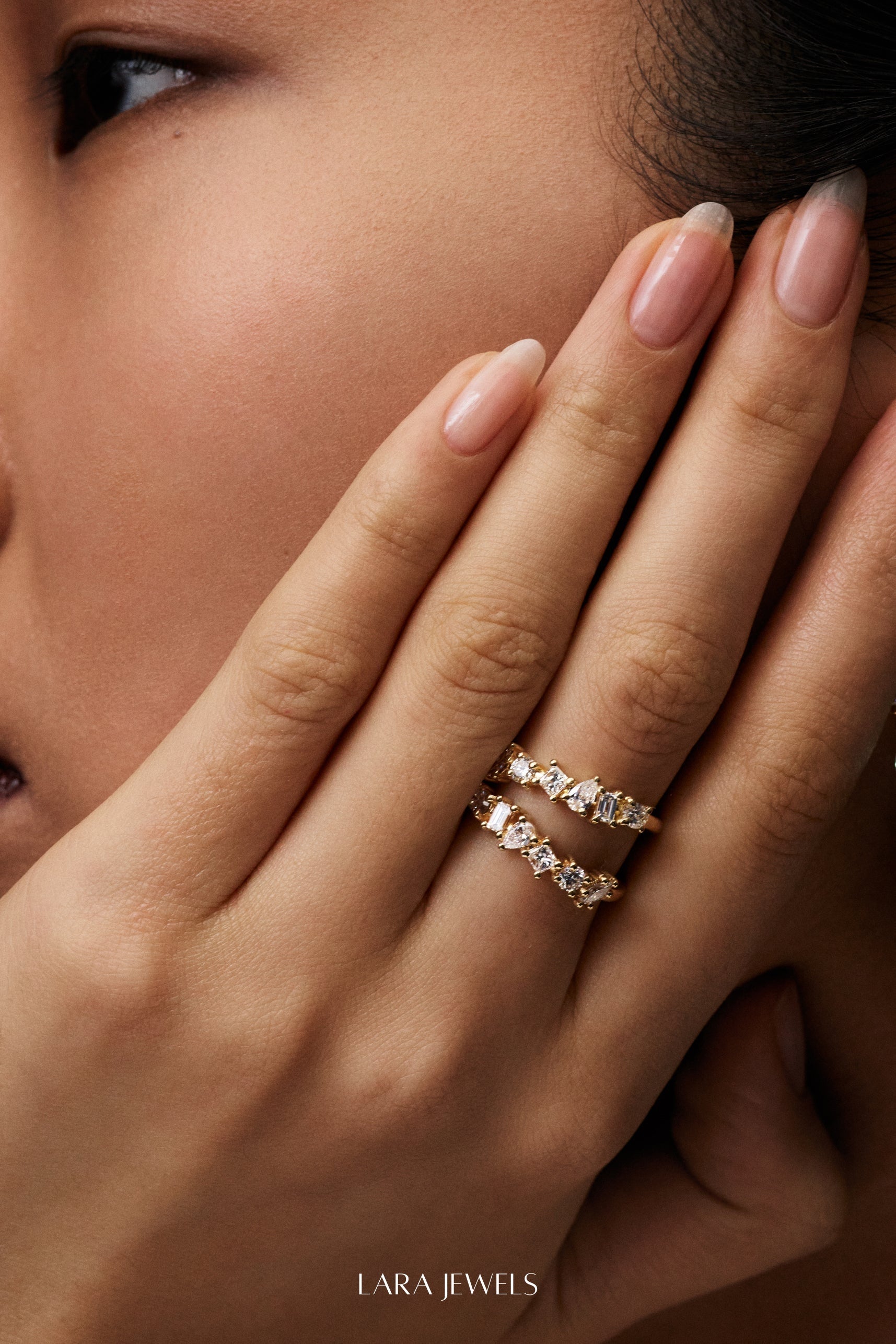 Double Band Scattered Diamond Ring 18K Yellow Gold, (More Options Available) - Back view