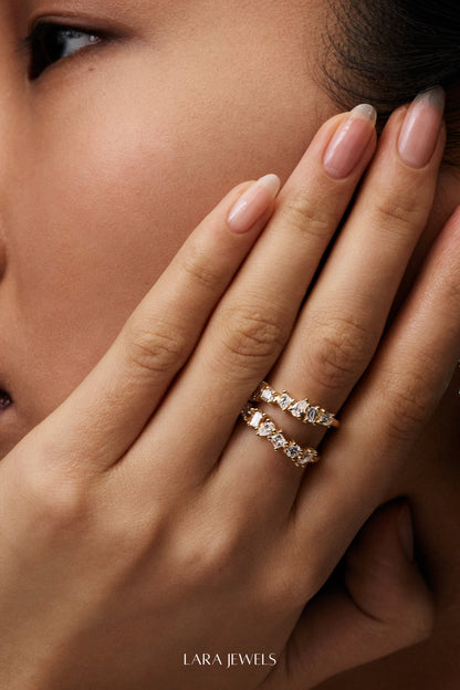 Double Band Scattered Diamond Ring 18K Yellow Gold, (More Options Available) - Back view