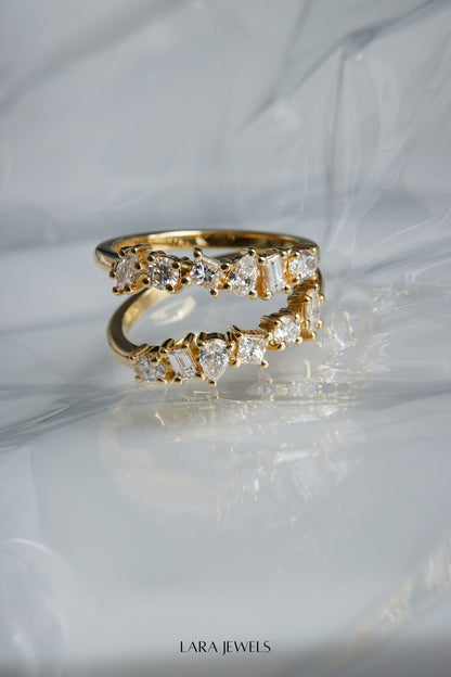 Double Band Scattered Diamond Ring 18K Yellow Gold, (More Options Available) - Detail view
