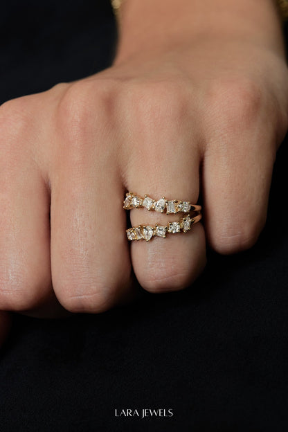 Double Band Scattered Diamond Ring 18K Yellow Gold, (More Options Available) - Lifestyle