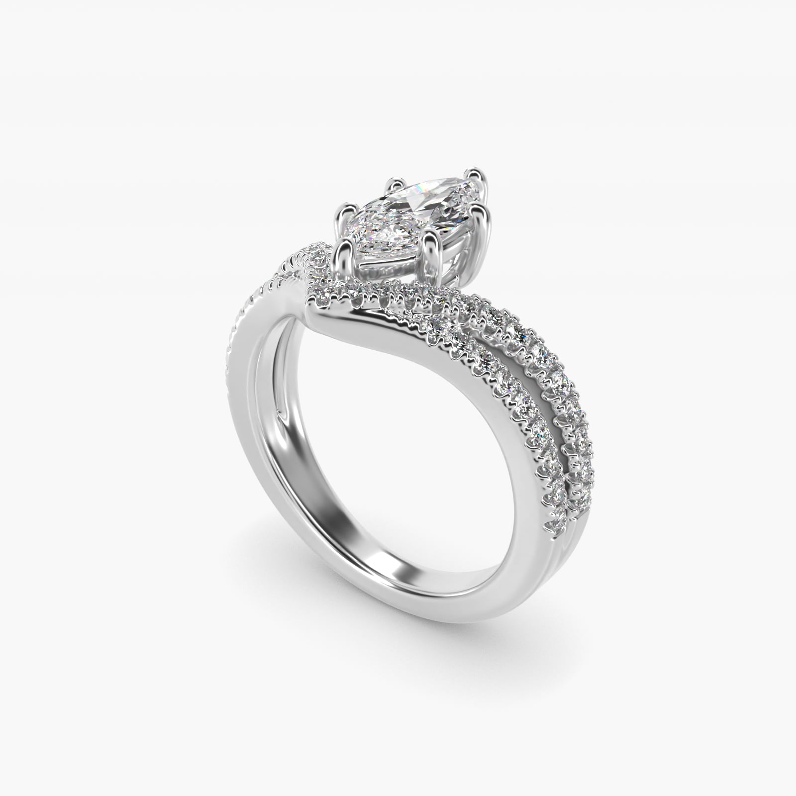 Double Row Diamond Chevron Engagement Ring in 14k White Gold (1/3 ct. tw.) - Marquise Center