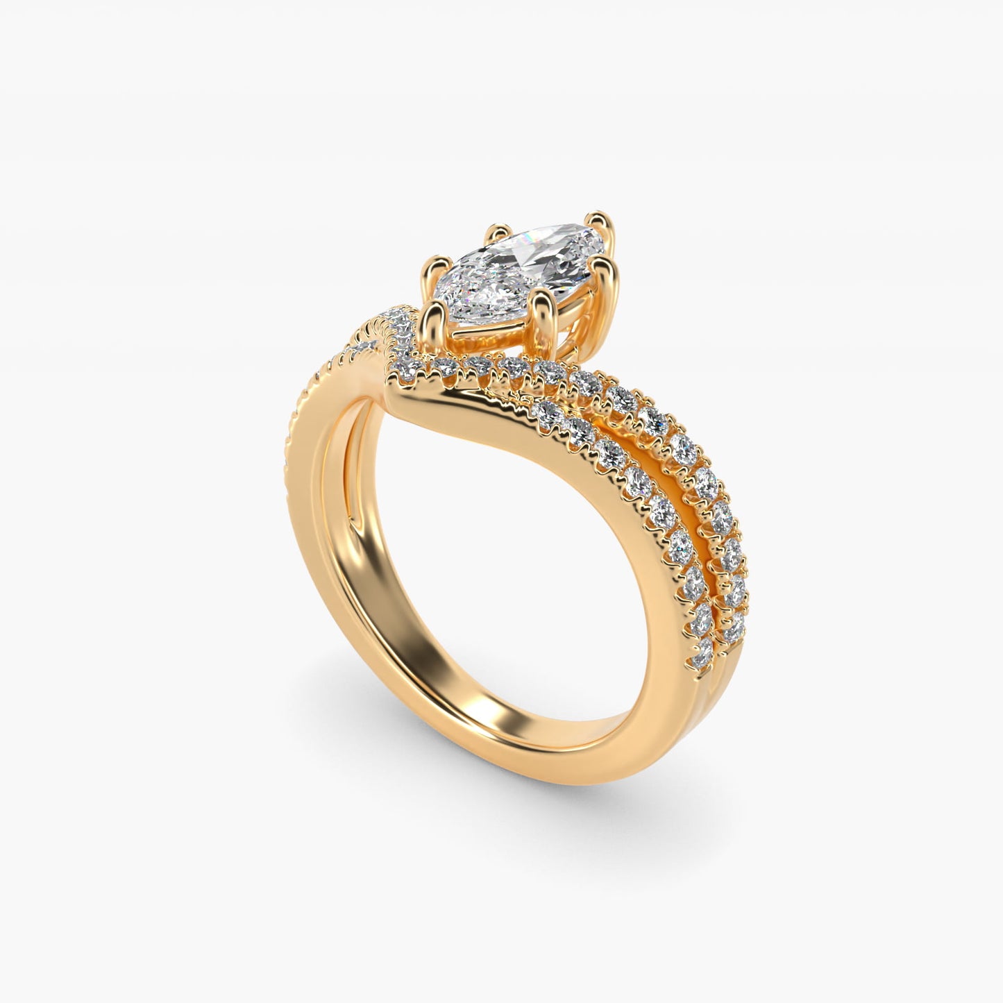 Double Row Diamond Chevron Engagement Ring in 14k Yellow Gold (1/3 ct. tw.) - Marquise Center