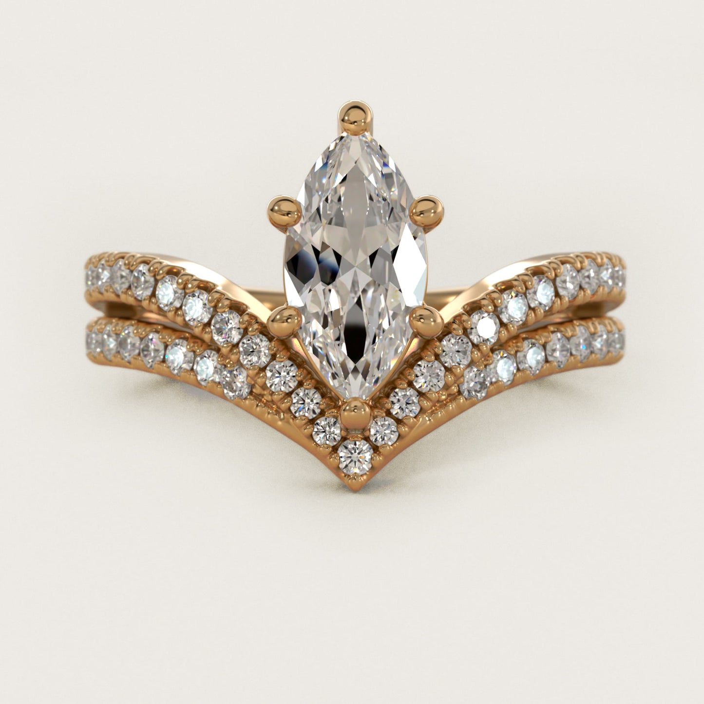 Double Row Diamond Chevron Engagement Ring in 14k Yellow Gold (1/3 ct. tw.) - Marquise Center