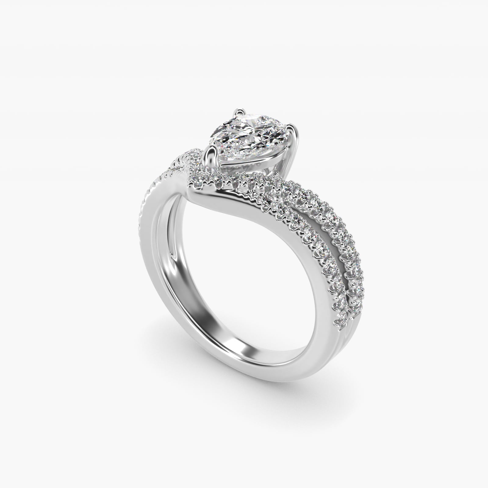 Double Row Diamond Chevron Engagement Ring in 14k White Gold (1/3 ct. tw.) - Pear Center