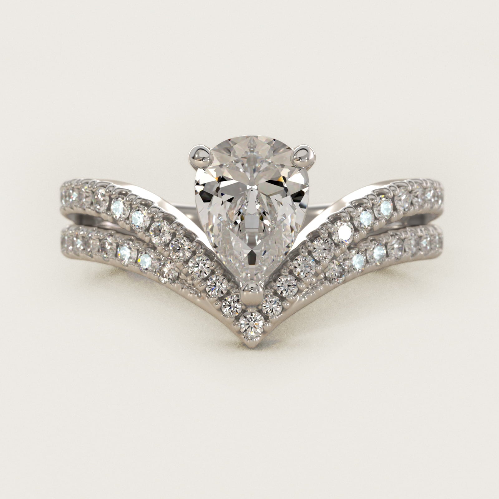 Double Row Diamond Chevron Engagement Ring in 18k White Gold (1/3 ct. tw.) - Pear Center