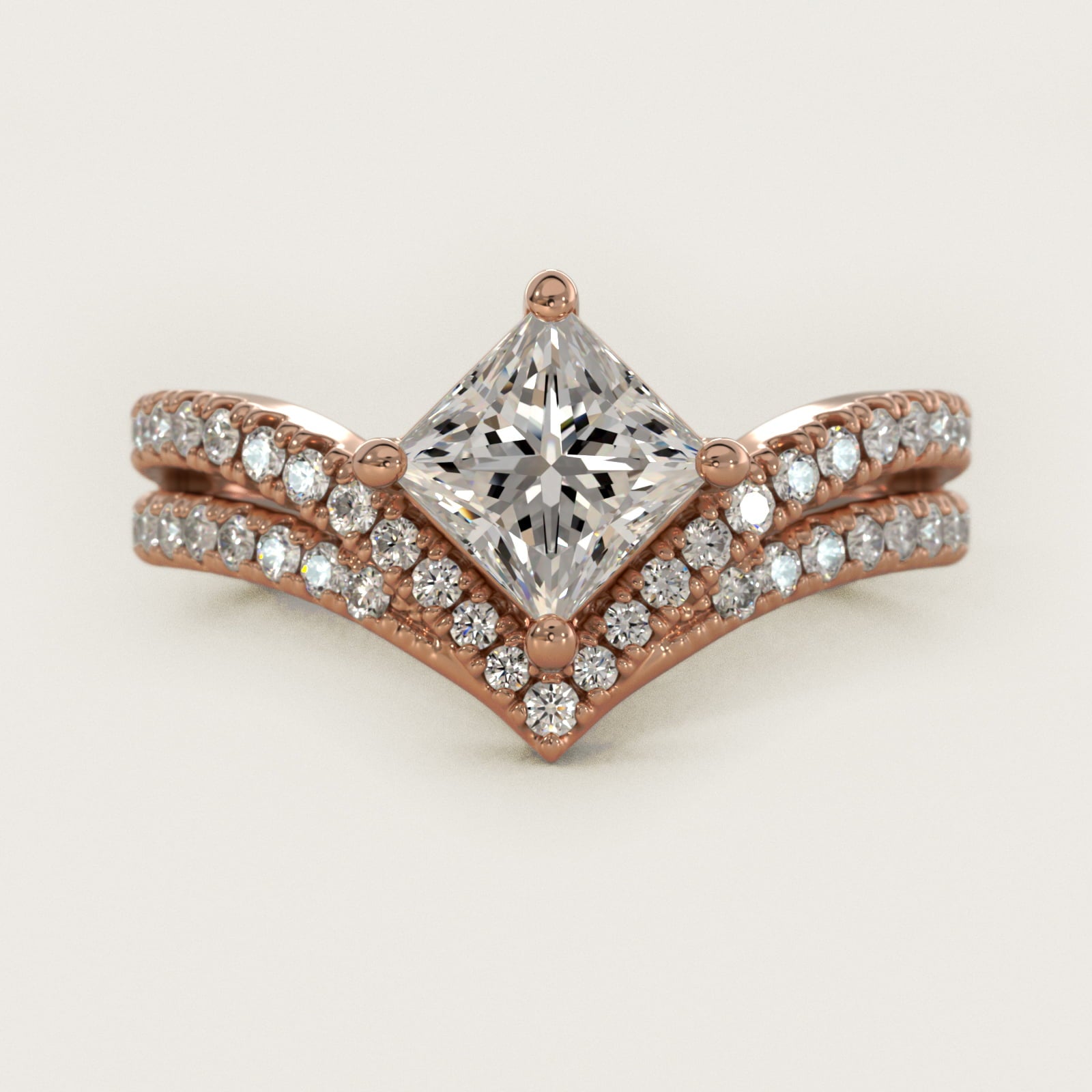 Double Row Diamond Chevron Engagement Ring in 18k Rose Gold (1/3 ct. tw.) - Princess Center