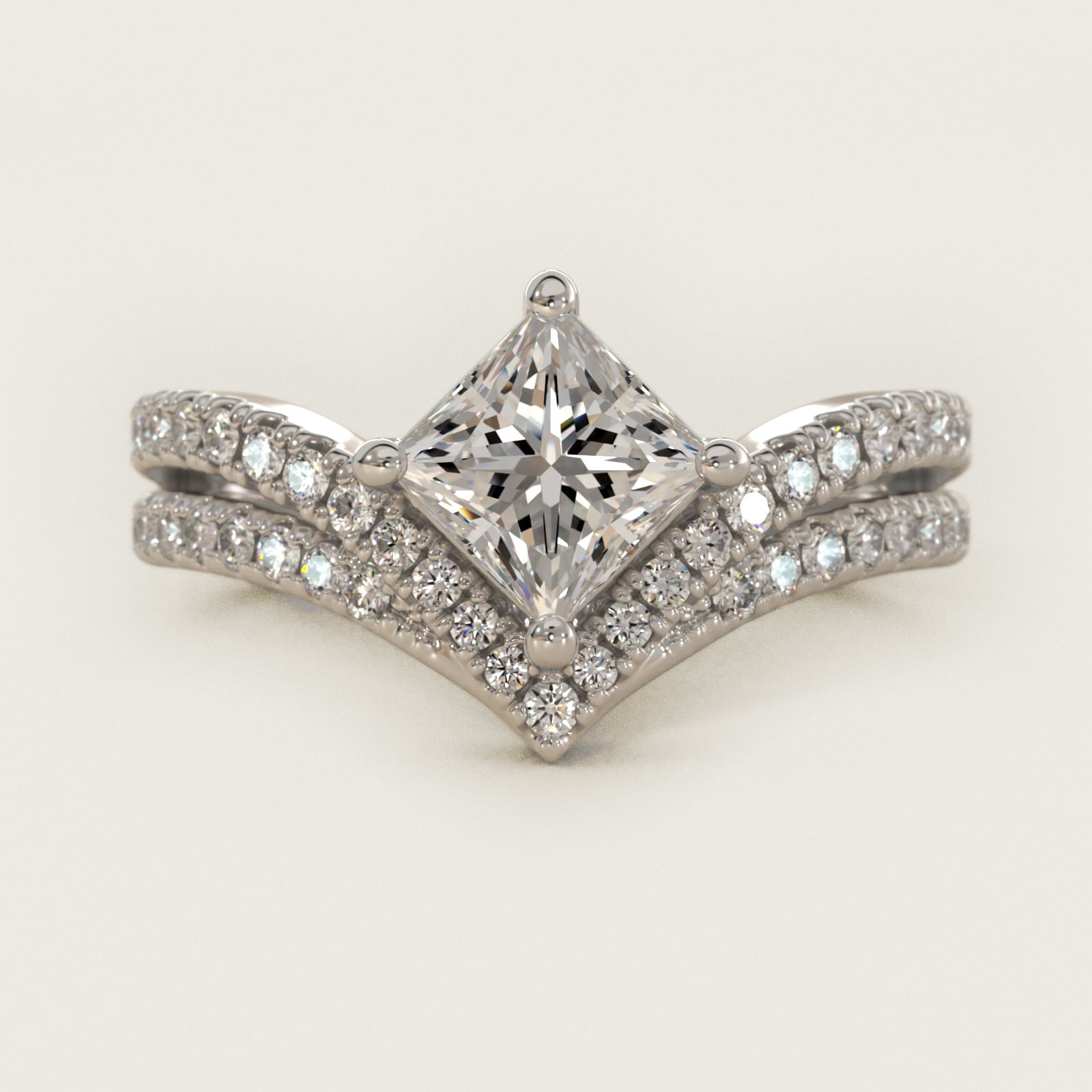 Double Row Diamond Chevron Engagement Ring in 18k White Gold (1/3 ct. tw.) - Princess Center