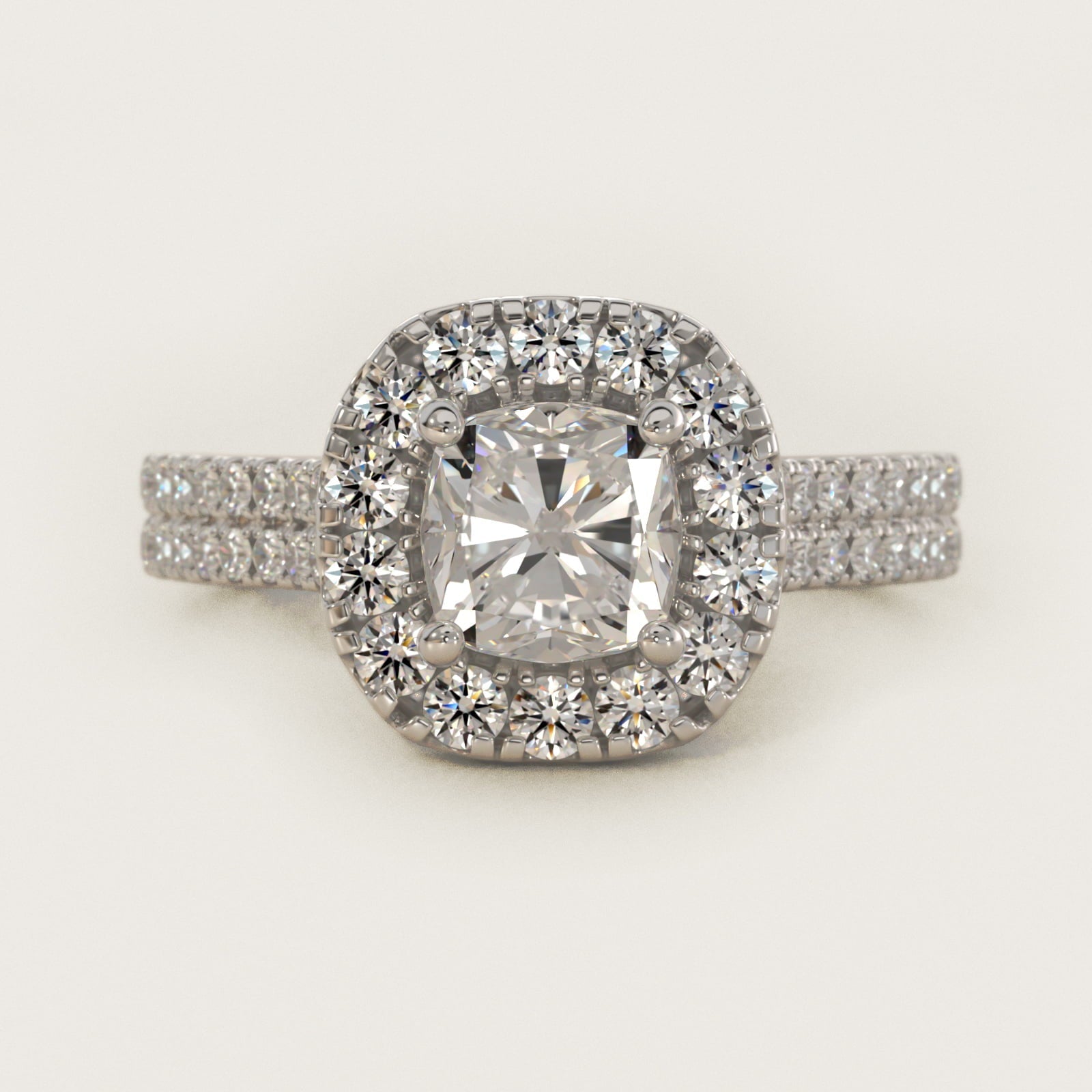 Double Shank Diamond Halo Engagement Ring In Platinum By James Allen - Cushion Center