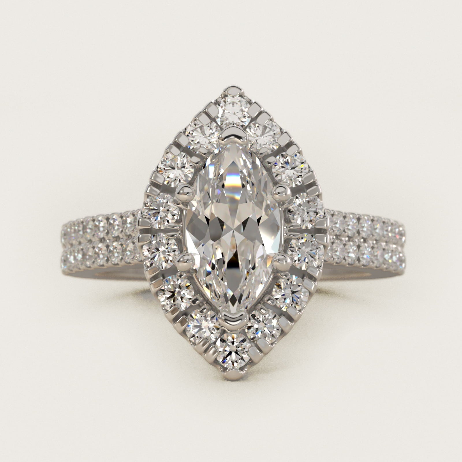 Double Shank Diamond Halo Engagement Ring In Platinum By James Allen - Marquise Center