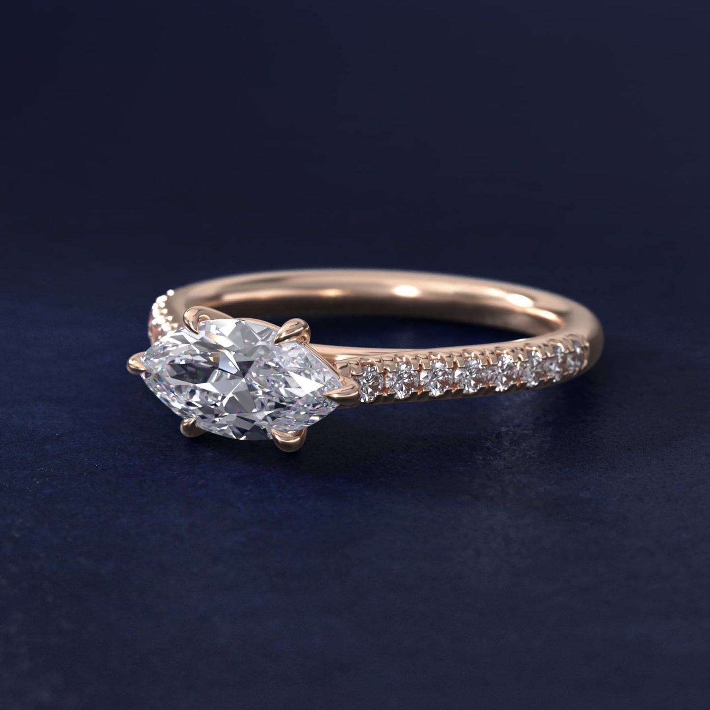 East West Diamond Engagement Ring in 18k Rose Gold - Marquise Center