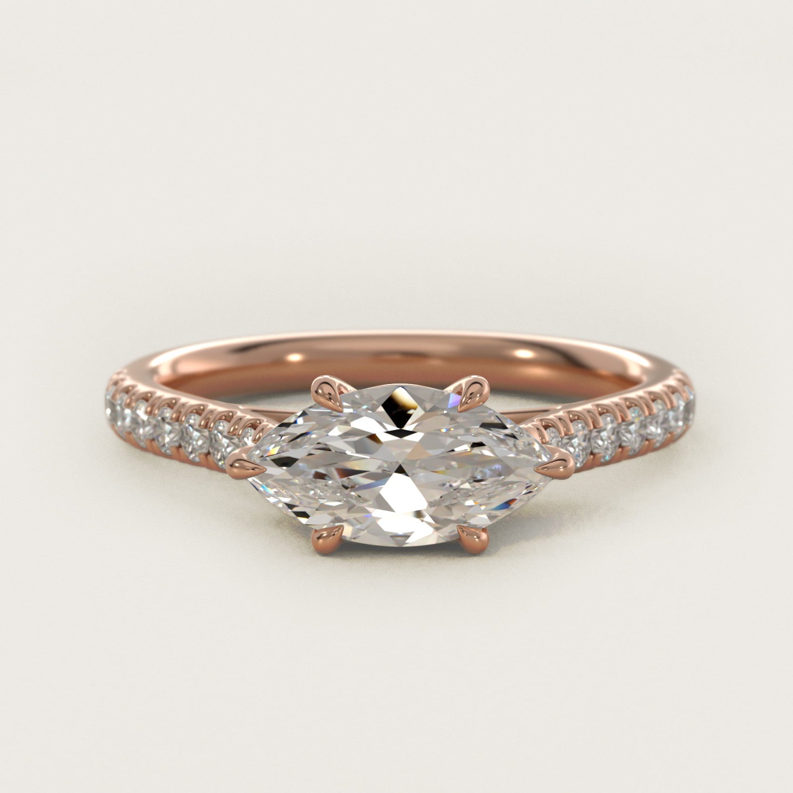 East West Diamond Engagement Ring in 18k Rose Gold - Marquise Center