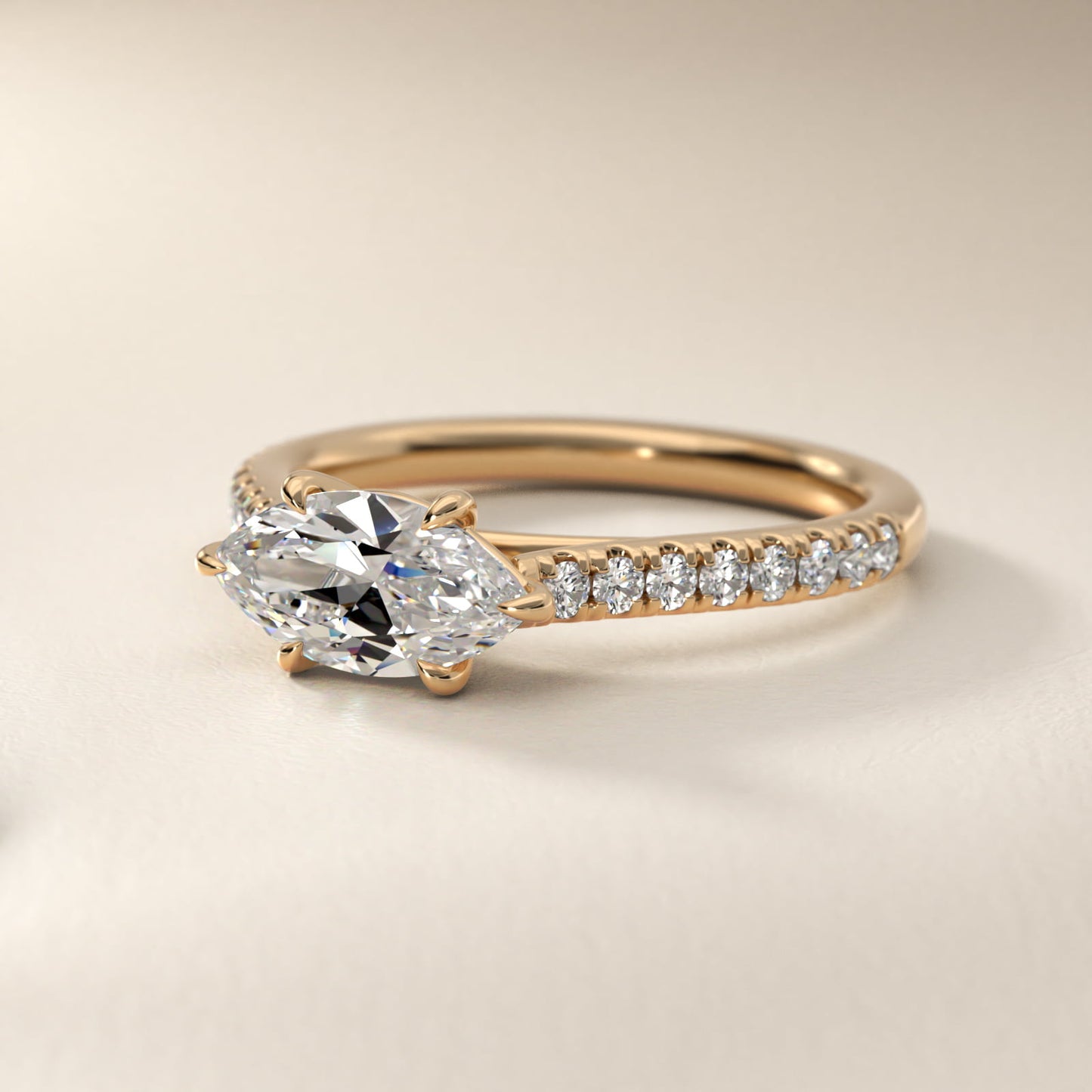 East West Diamond Engagement Ring in 14k Yellow Gold - Marquise Center