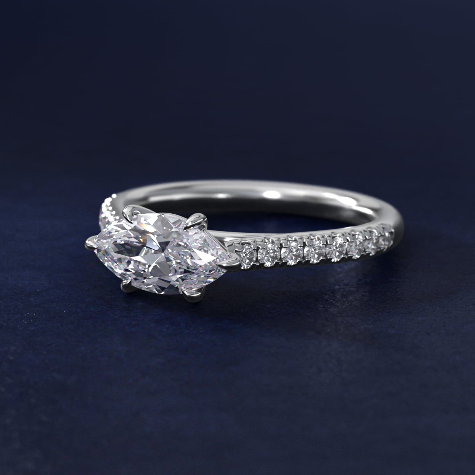 East West Diamond Engagement Ring in Platinum - Marquise Center