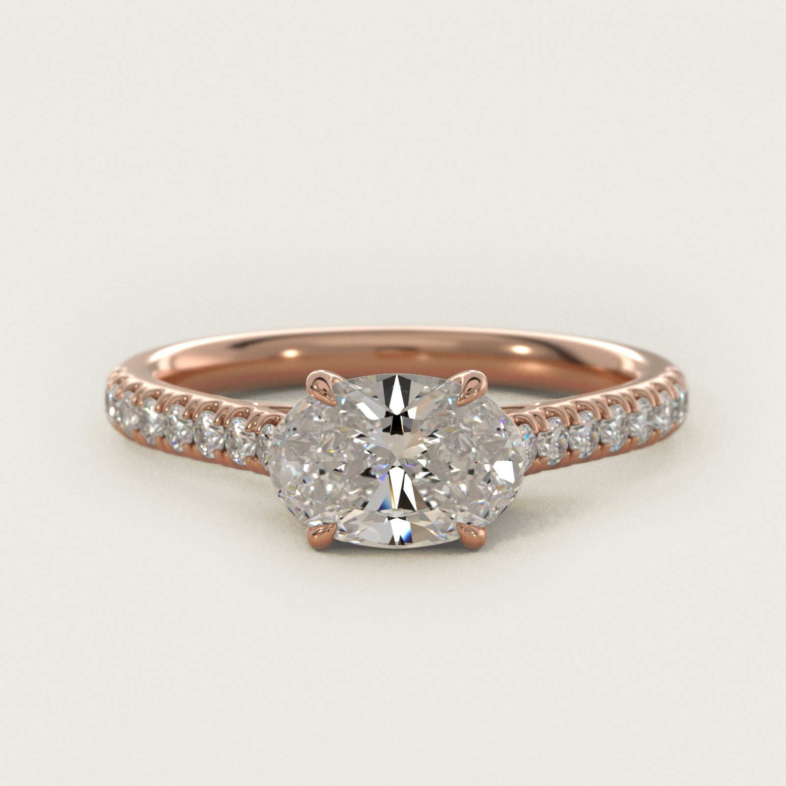 East West Diamond Engagement Ring in 18k Rose Gold - Oval Center