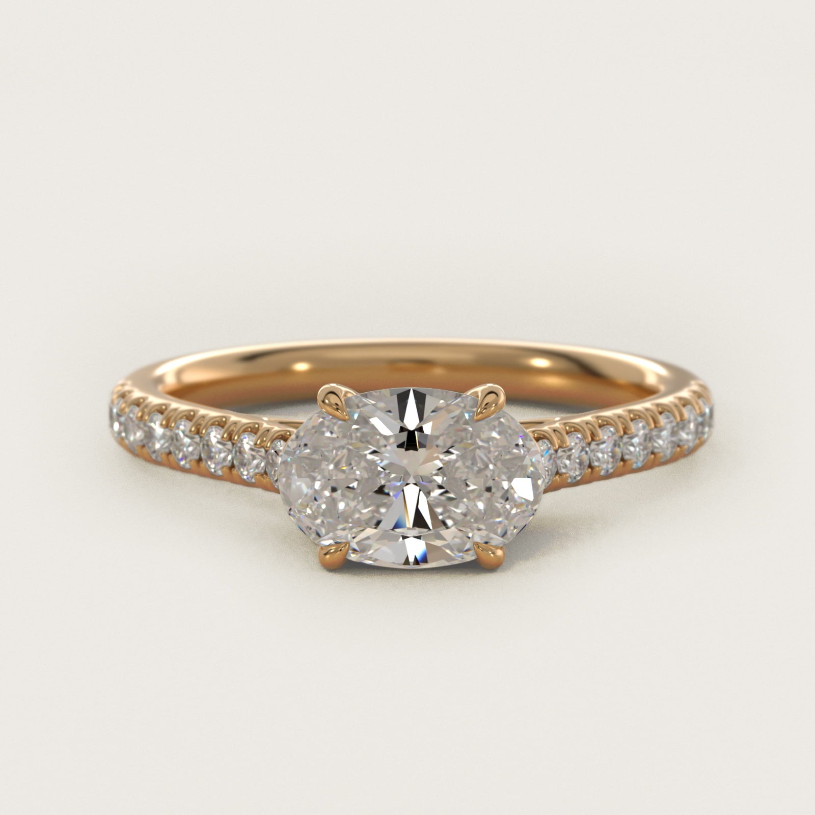 East West Diamond Engagement Ring in 14k Yellow Gold - Oval Center