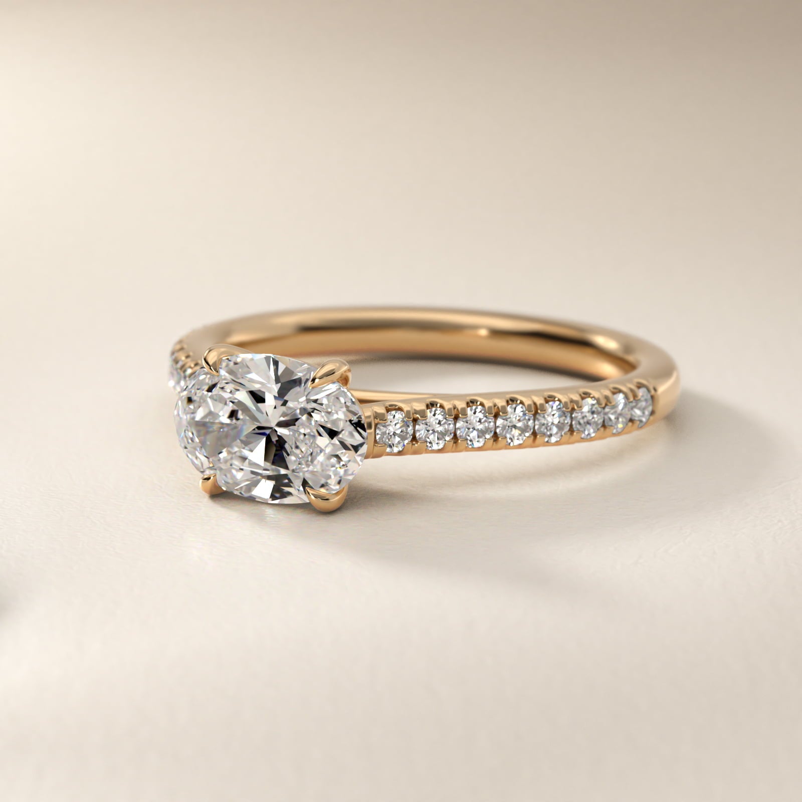 East West Diamond Engagement Ring in 14k Yellow Gold - Oval Center