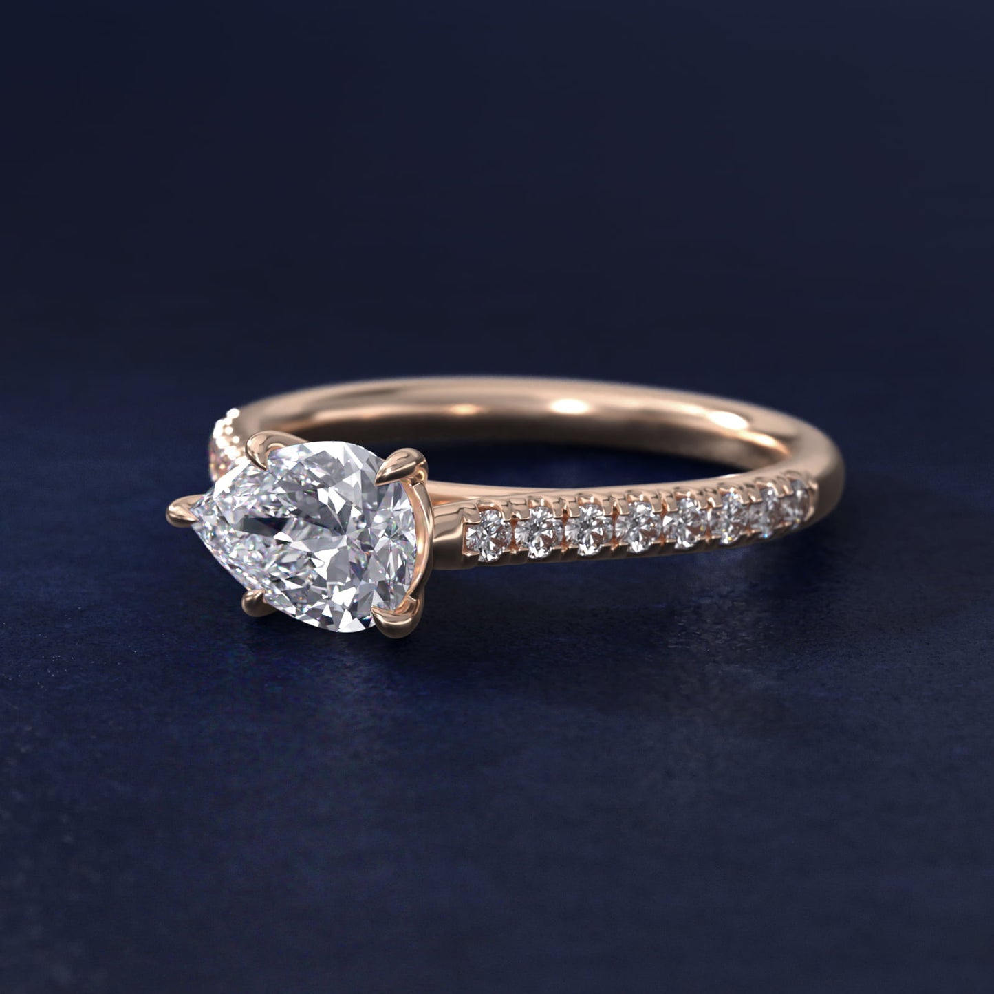 East West Diamond Engagement Ring in 18k Rose Gold - Pear Center
