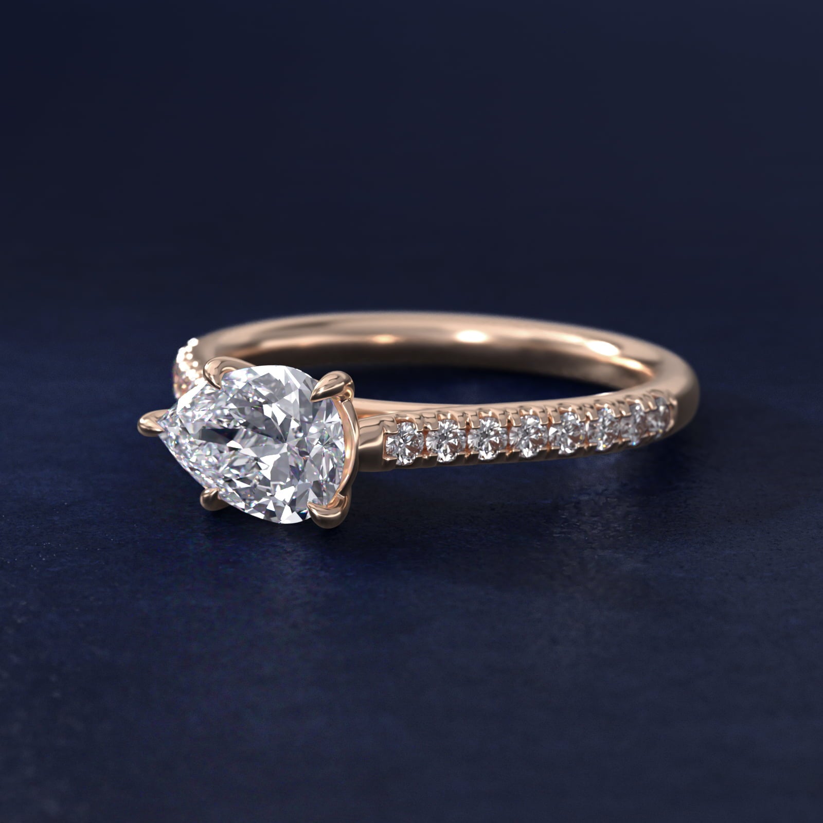 East West Diamond Engagement Ring in 18k Rose Gold - Pear Center