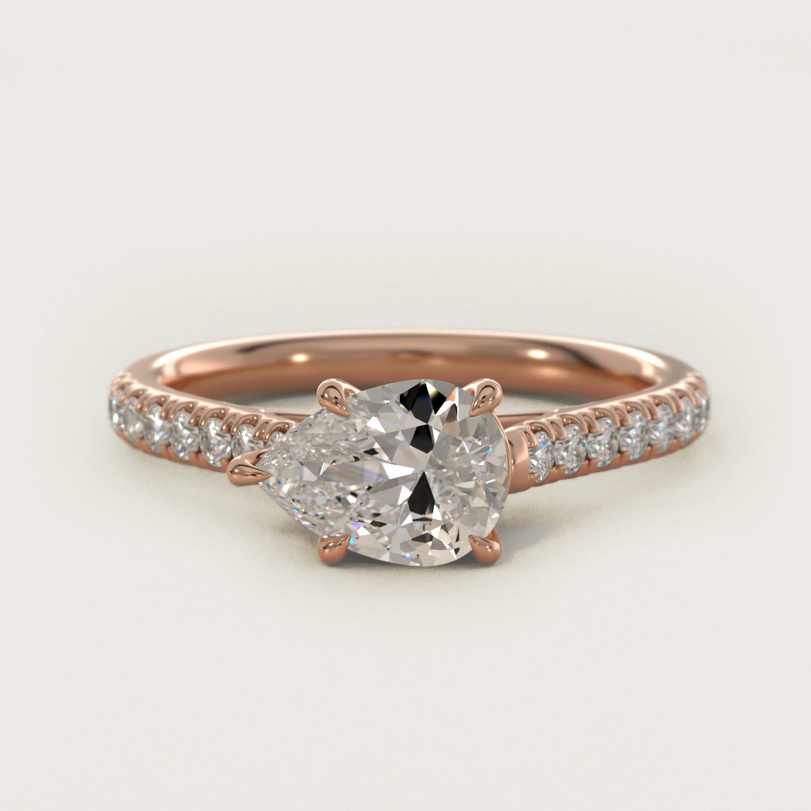 East West Diamond Engagement Ring in 18k Rose Gold - Pear Center