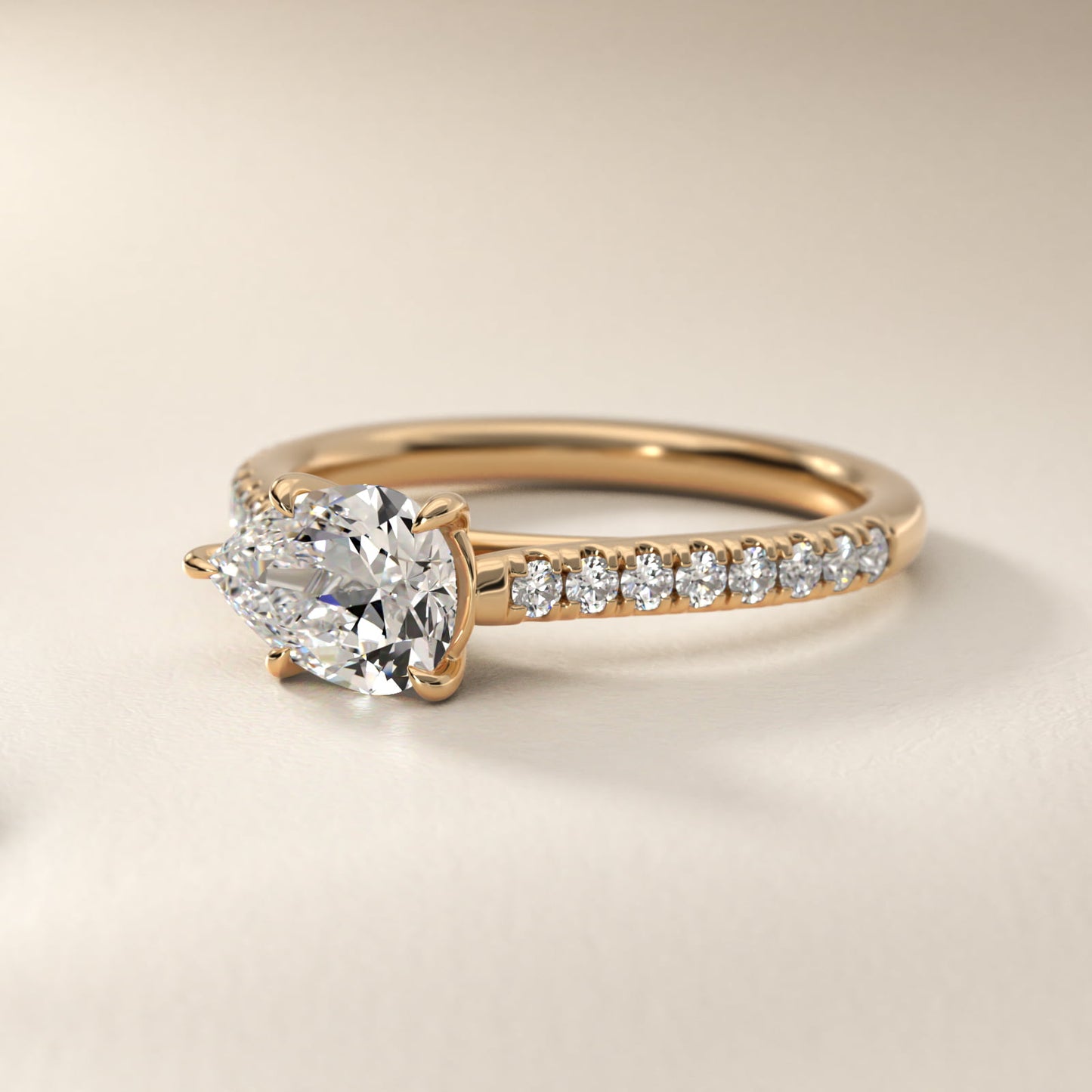 East West Diamond Engagement Ring in 14k Yellow Gold - Pear Center