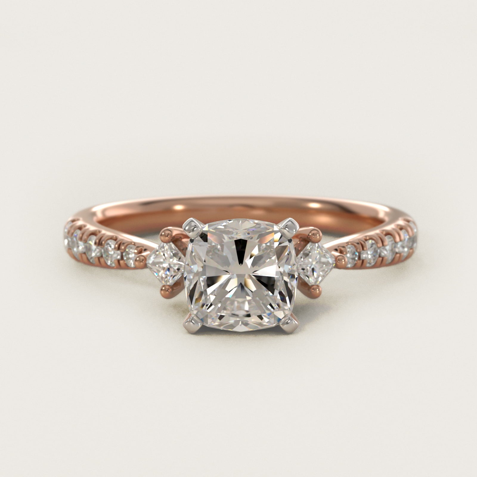 East-West Sidestone and PavŽ Diamond Engagement Ring in 14k Rose Gold (1/4 ct. tw.) - Cushion Center
