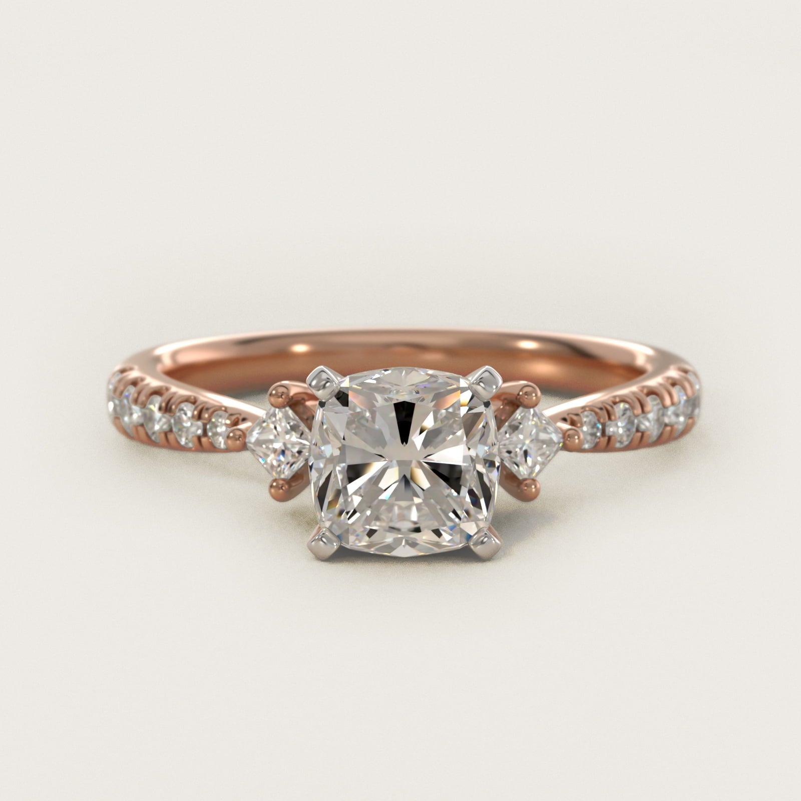 East-West Sidestone and Pav? Diamond Engagement Ring in 18k Rose Gold (1/4 ct. tw.) - Cushion Center