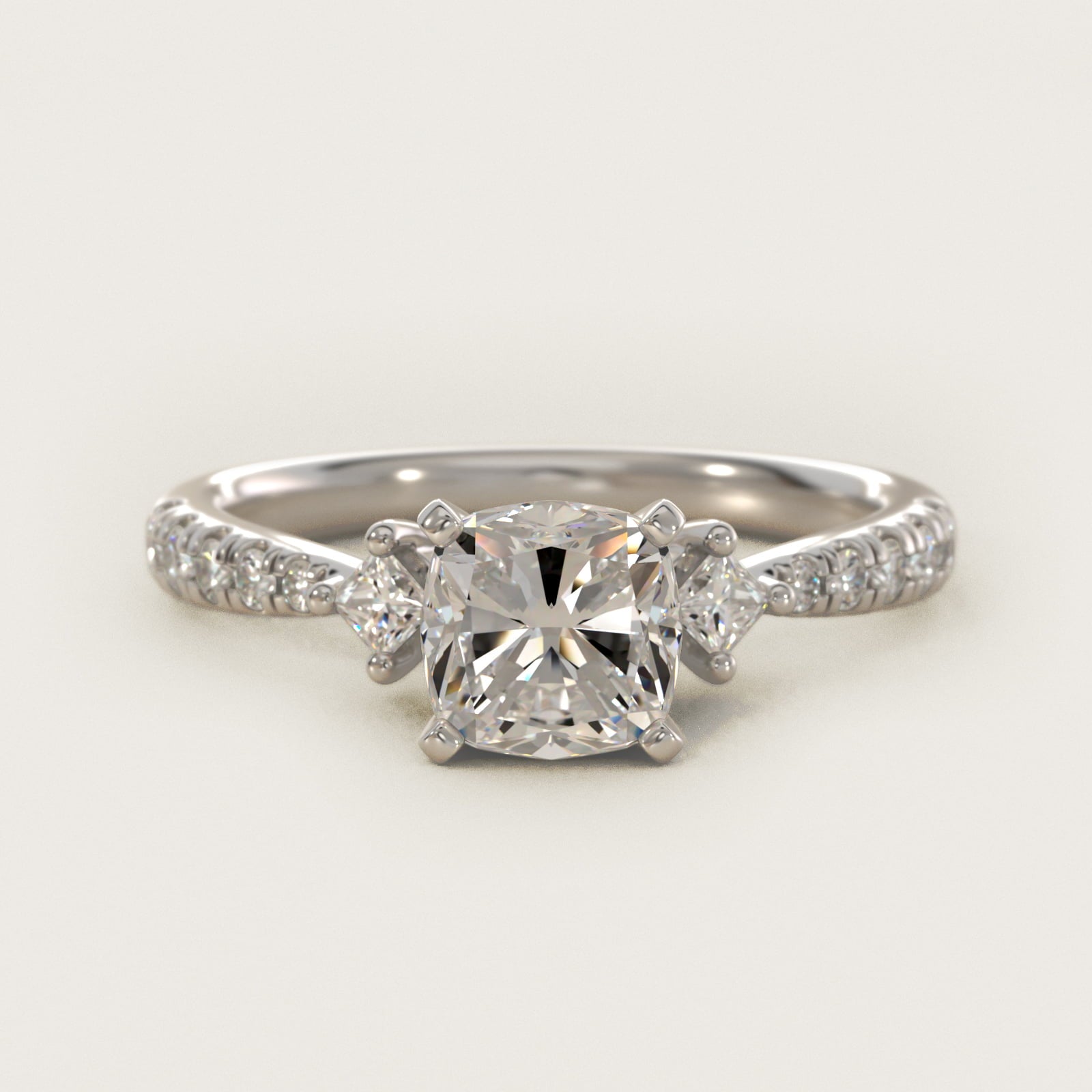 East-West Sidestone and PavŽ Diamond Engagement Ring in 14k White Gold (1/4 ct. tw.) - Cushion Center