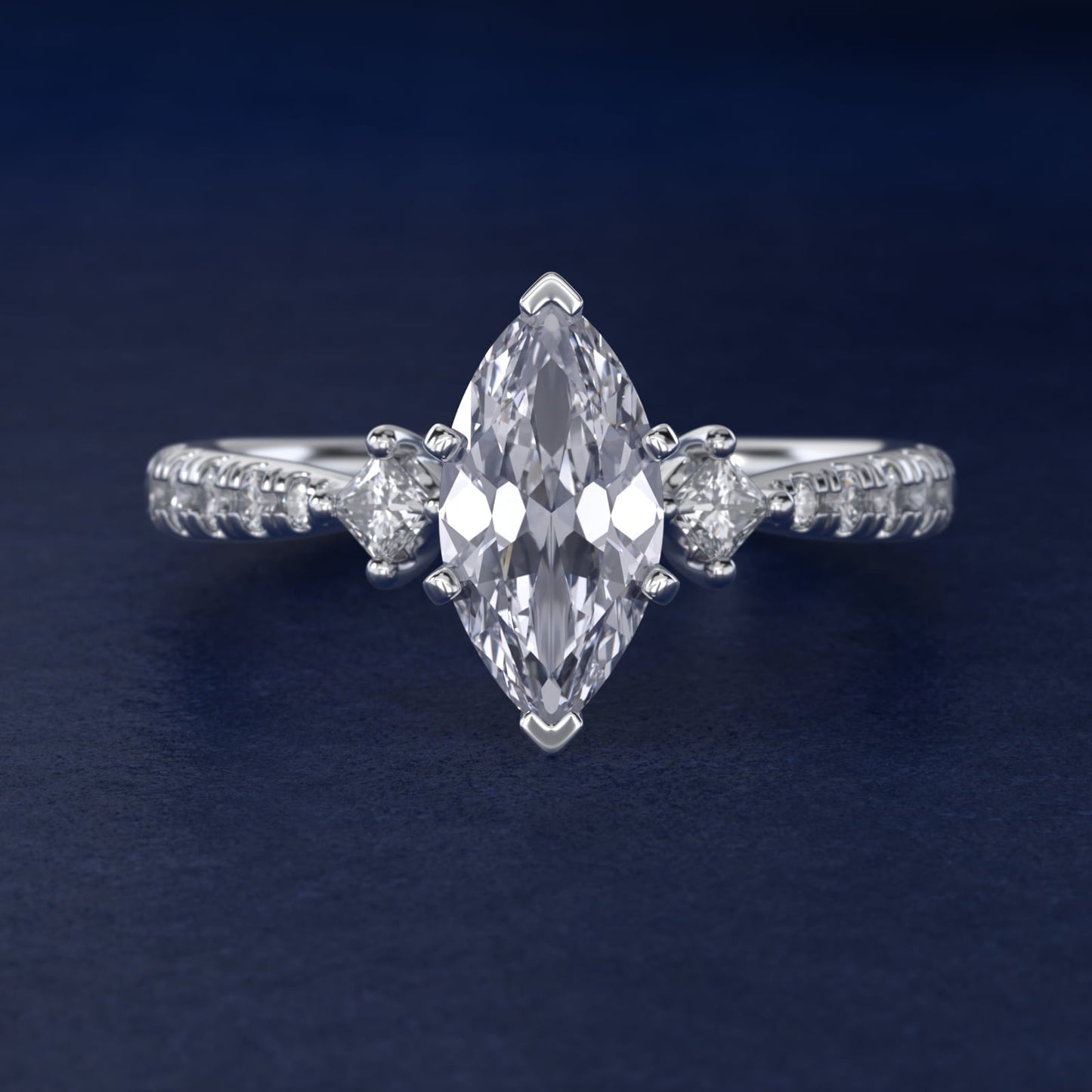 East-West Sidestone and Pav? Diamond Engagement Ring in 18k White Gold (1/4 ct. tw.) - Marquise Center