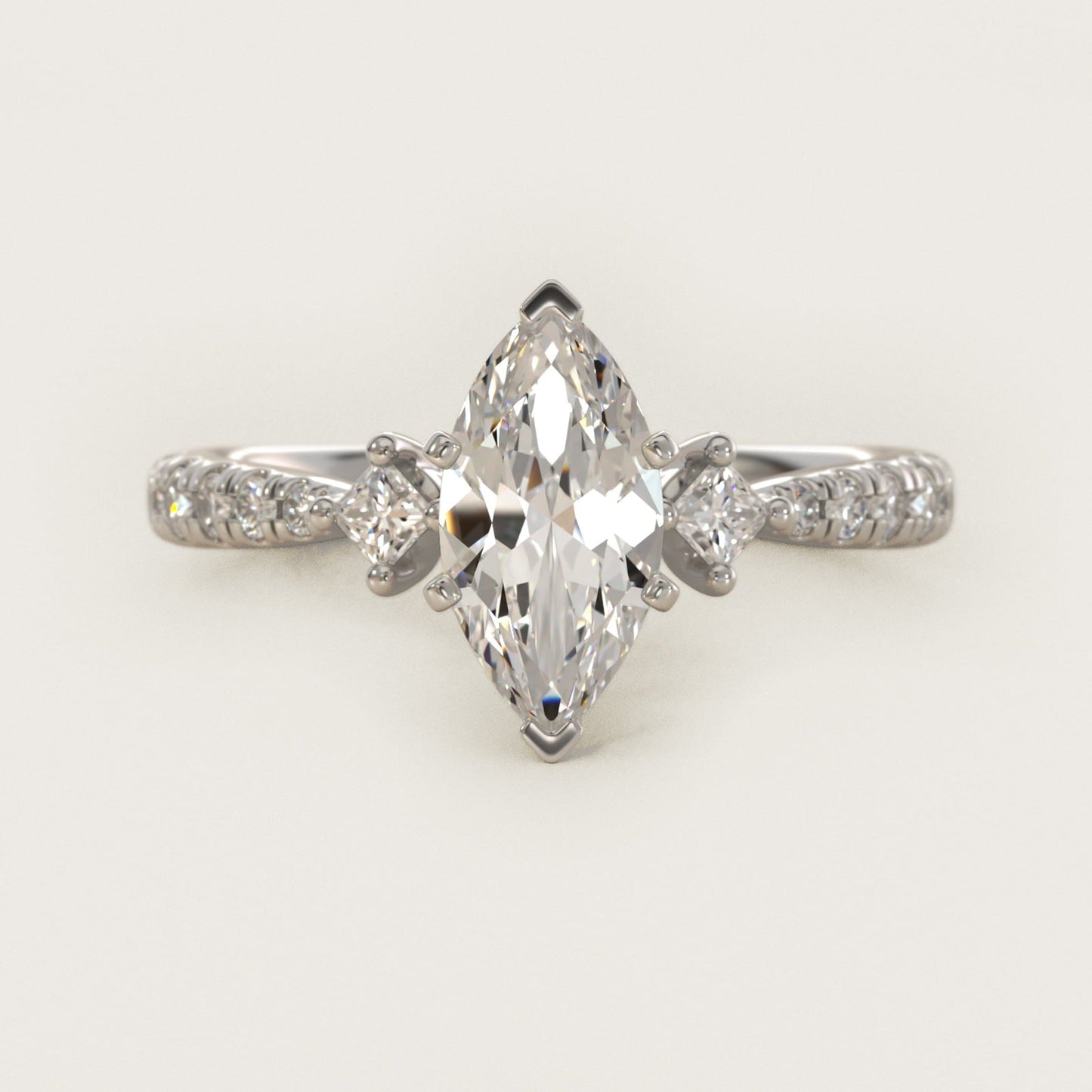 East-West Sidestone and Pav? Diamond Engagement Ring in 18k White Gold (1/4 ct. tw.) - Marquise Center