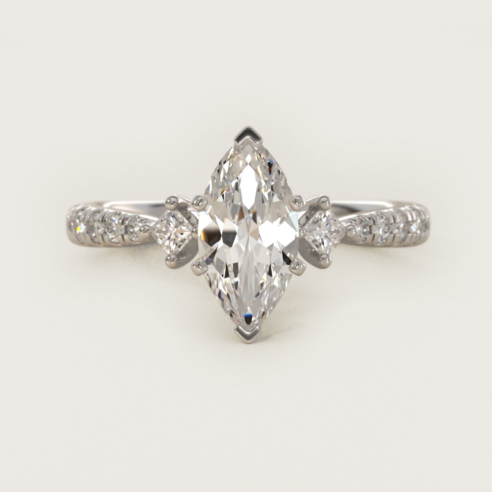 East-West Sidestone and Pav? Diamond Engagement Ring in 18k White Gold (1/4 ct. tw.) - Marquise Center